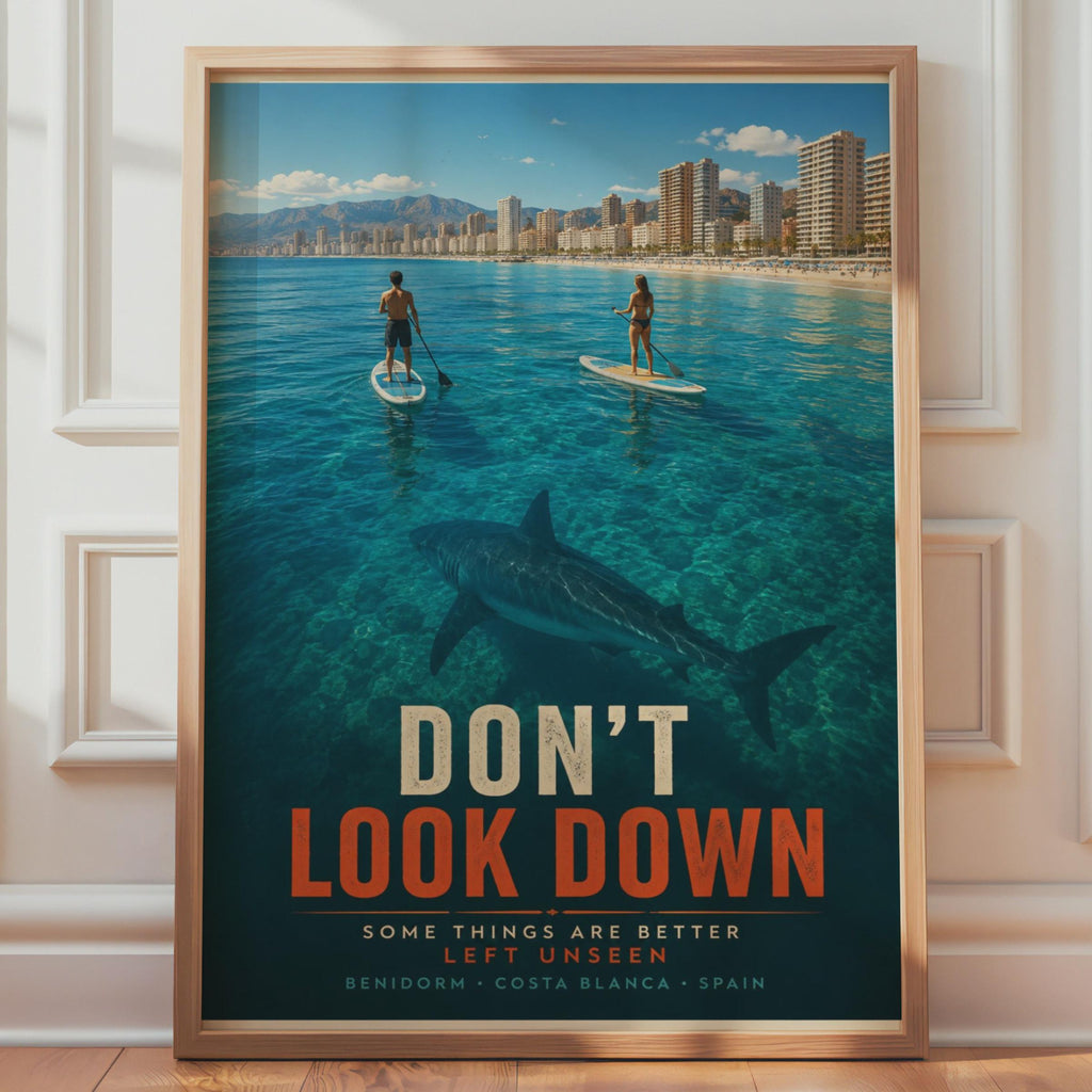 Benidorm Don't Look Down Funny Shark Poster, Costa Blanca Spain Beach Wall Art