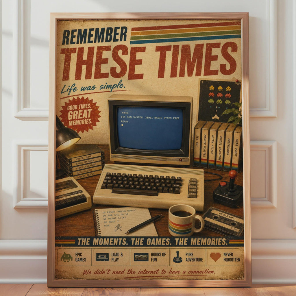 Commodore 64 Retro Gaming Poster, Vintage 80s Computer Wall Art, Nostalgic Gamer Gift Print