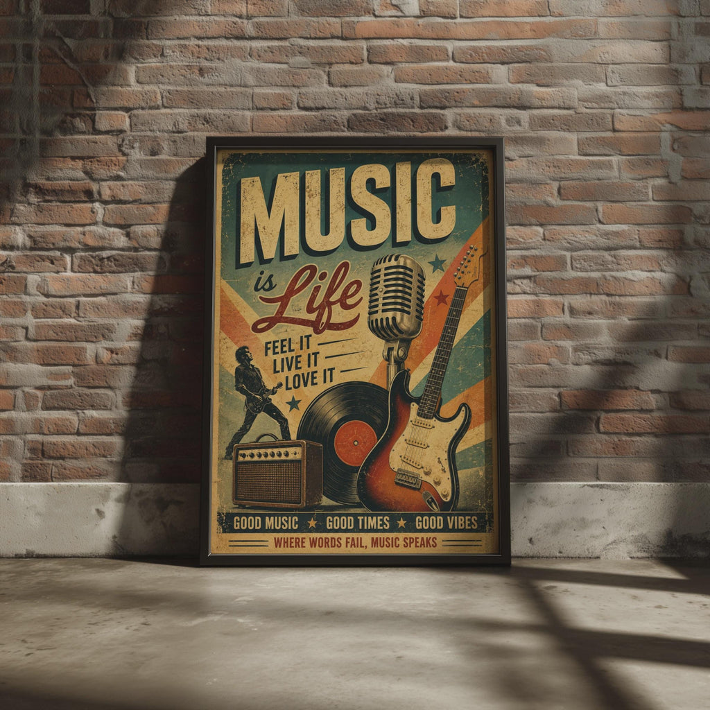 Music Is Life Retro Poster, Vintage Rock Guitar Wall Art, Music Lover Print