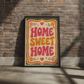 Home Sweet Home Retro Wall Art, 70s Groovy Typography Poster, Pink Orange Floral Print