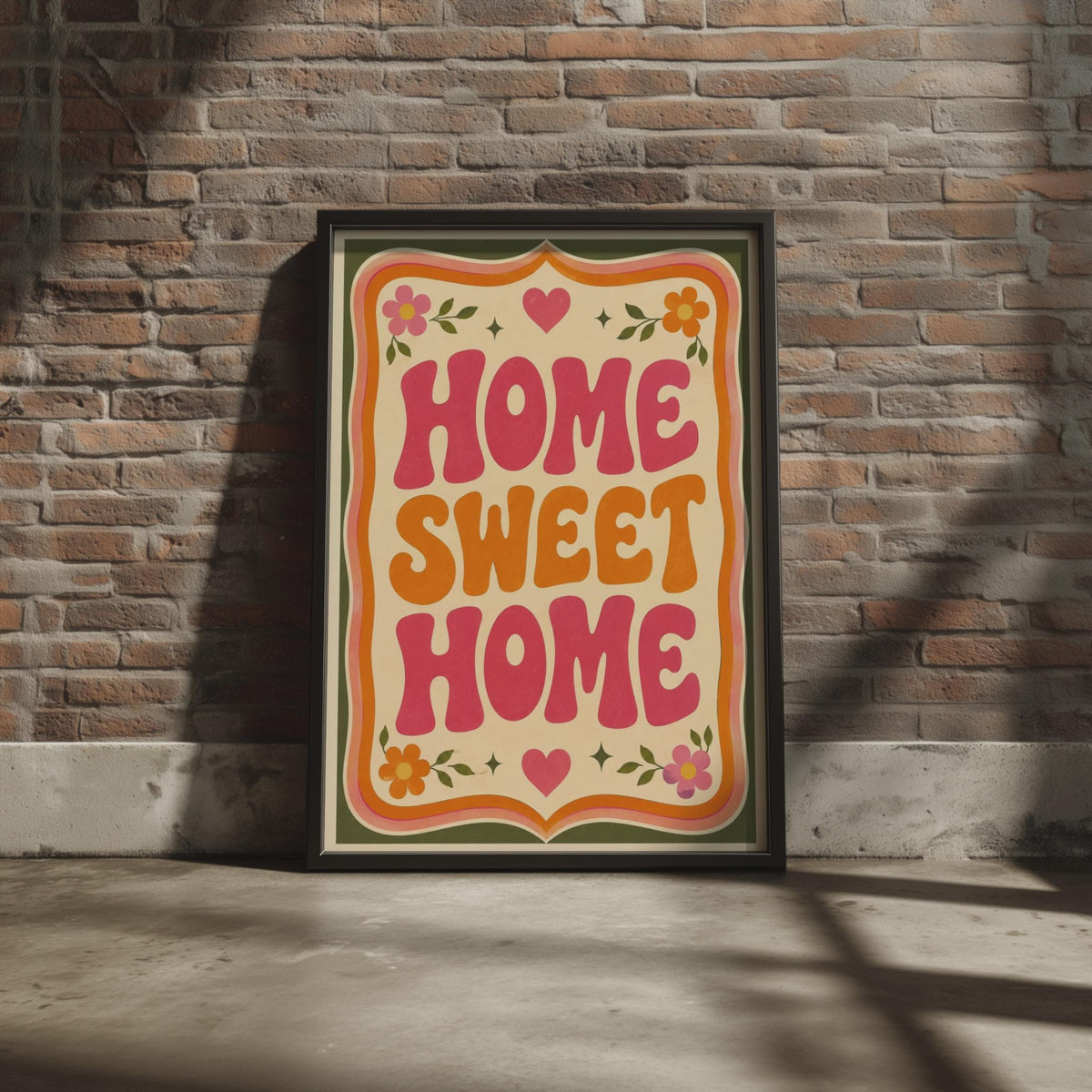Home Sweet Home Retro Wall Art, 70s Groovy Typography Poster, Pink Orange Floral Print