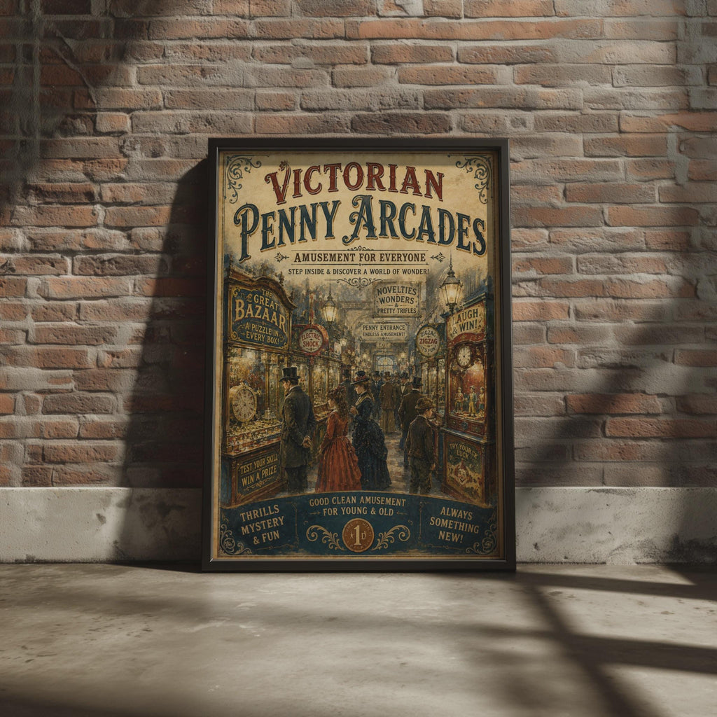 Victorian Penny Arcade Poster, Vintage Fairground Wall Art, Retro Amusement Print
