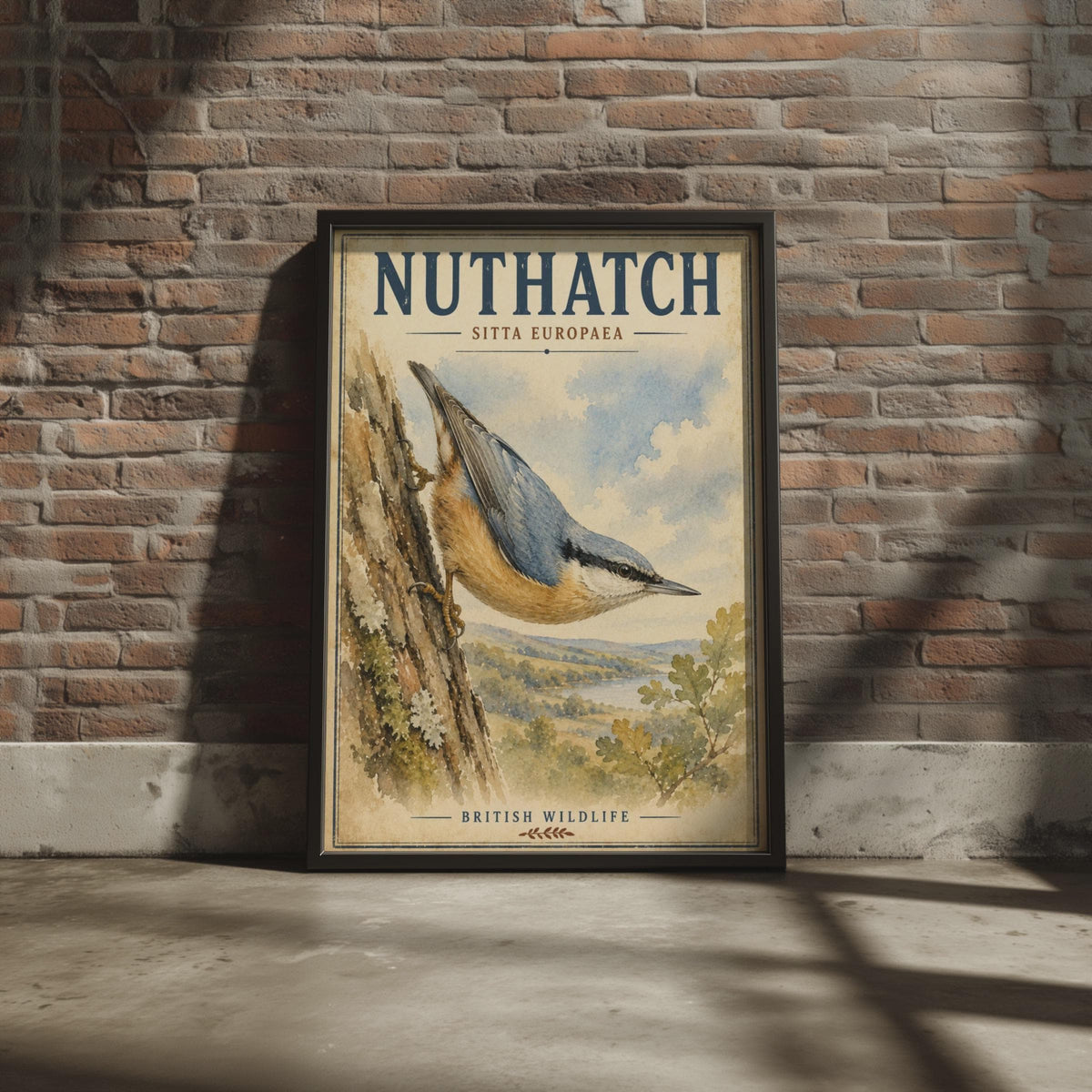 Nuthatch Bird Poster, British Wildlife Wall Art, Vintage Watercolour Nature Print