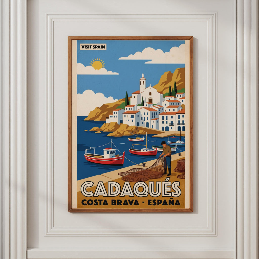 Cadaques Costa Brava Spain Vintage Travel Poster, Spanish Harbour Wall Art Print
