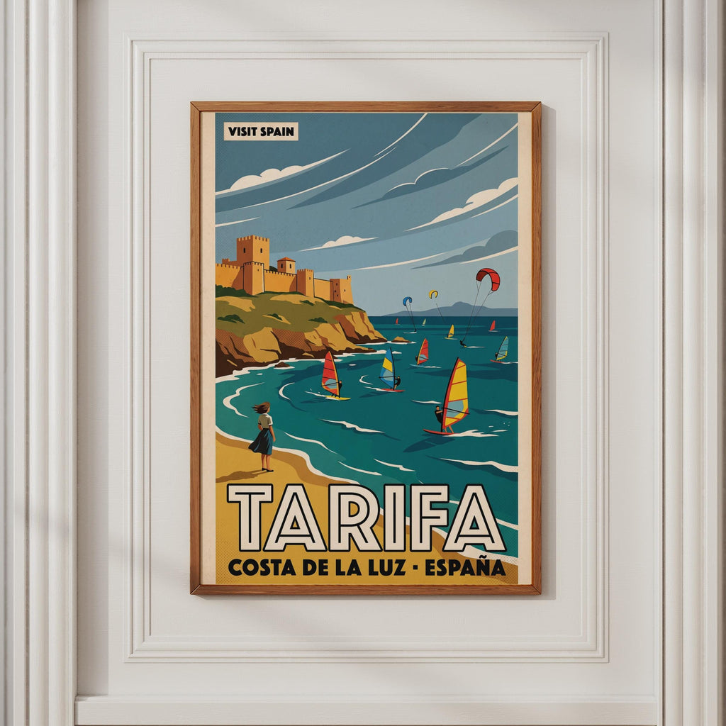 Tarifa Spain Travel Poster, Costa de la Luz Vintage Wall Art, Kitesurfing Print