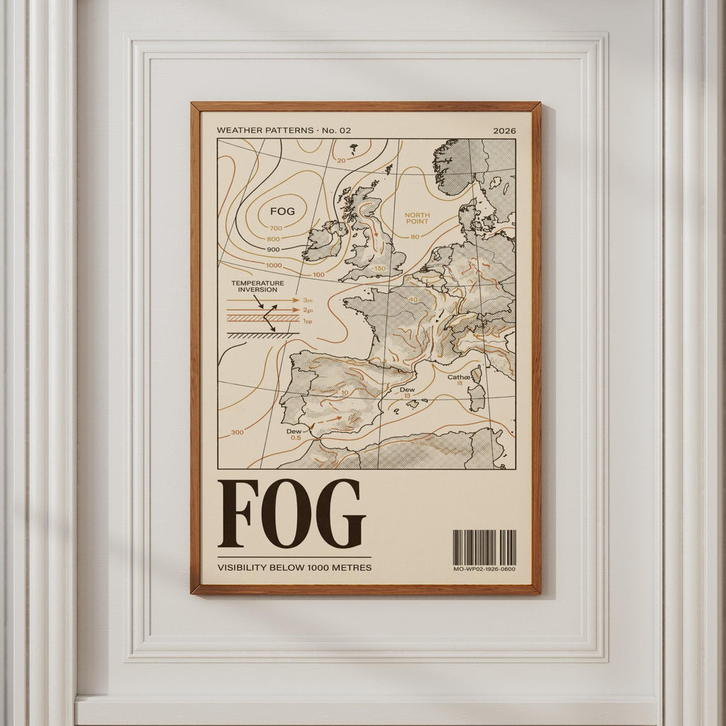 Fog Weather Map Poster, Vintage Meteorology Chart Print, Europe Map Wall Art