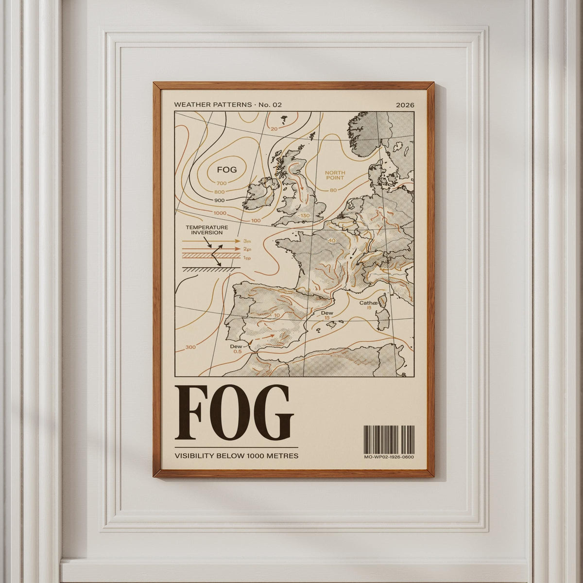Fog Weather Map Poster, Vintage Meteorology Chart Print, Europe Map Wall Art