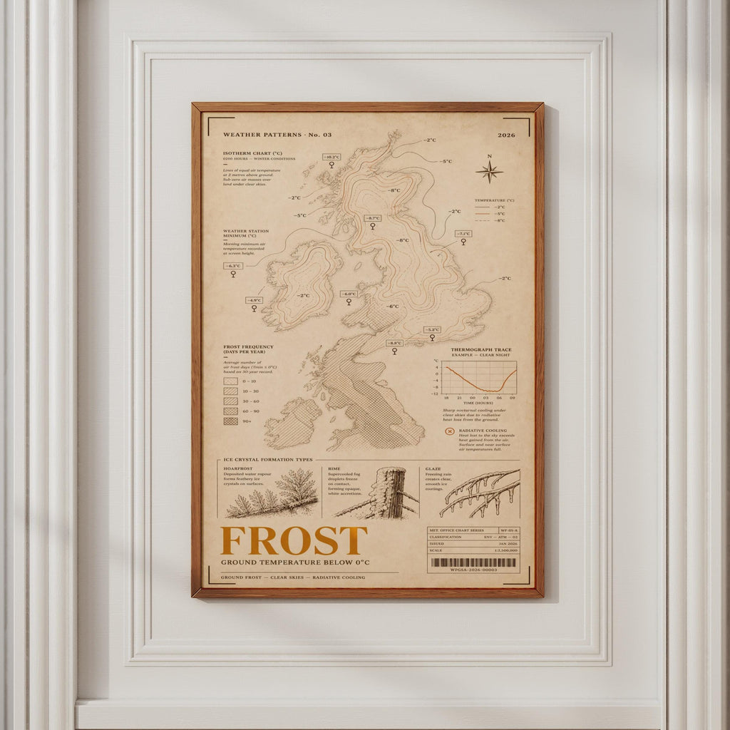 Frost Weather Map Poster, UK Isotherm Chart Print, Vintage Meteorology Wall Art