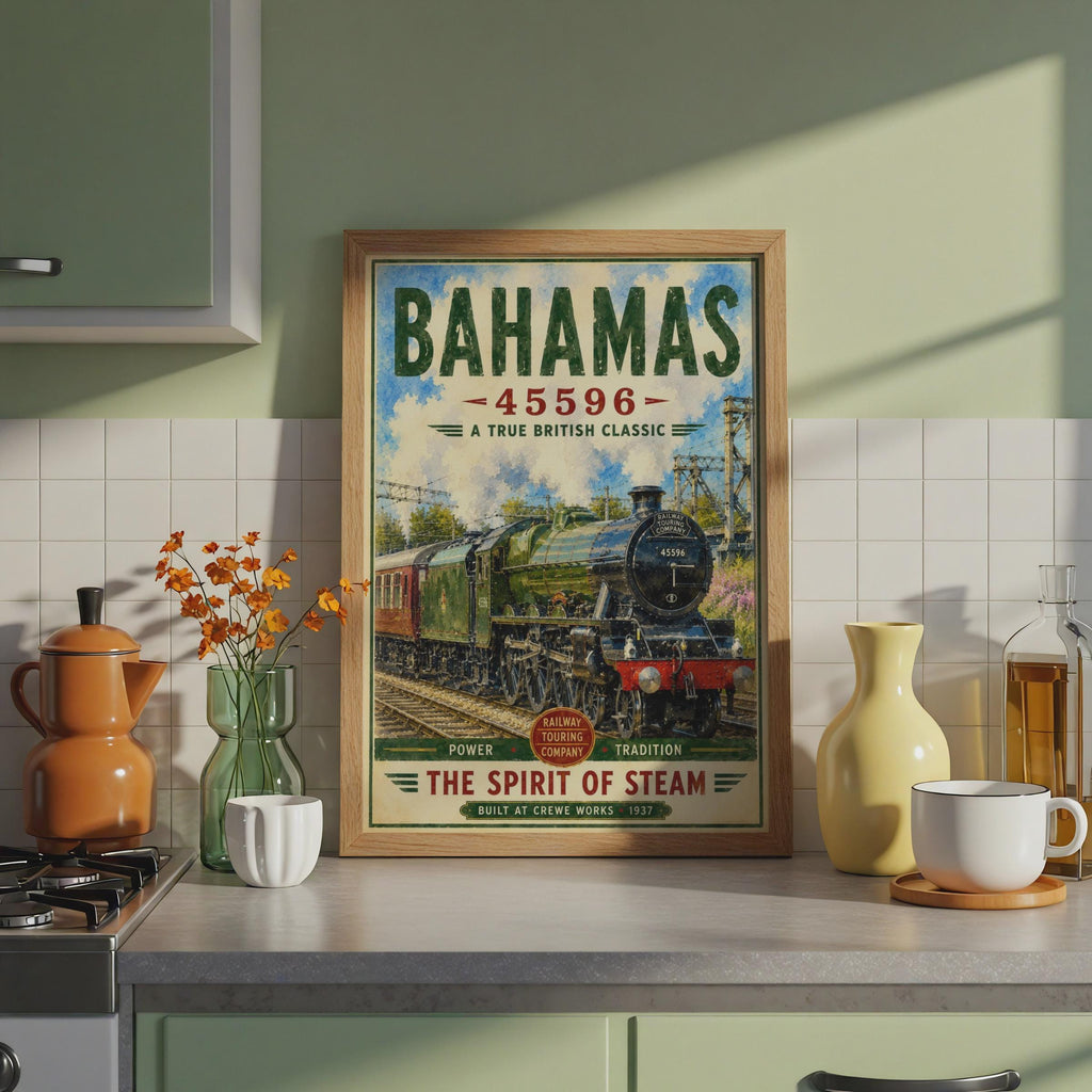 Bahamas 45596 Steam Train Poster, British Locomotive Vintage Railway Wall Art Print