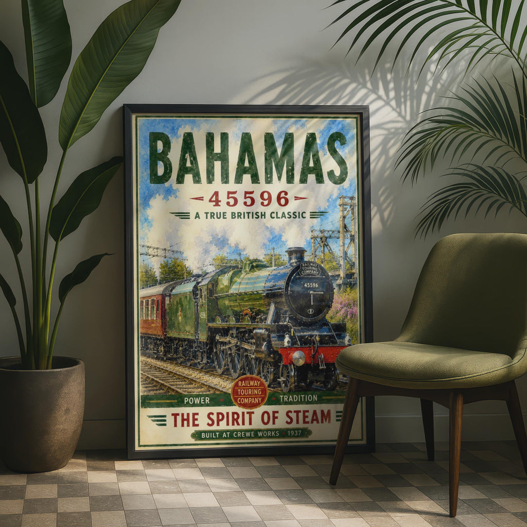 Bahamas 45596 Steam Train Poster, British Locomotive Vintage Railway Wall Art Print
