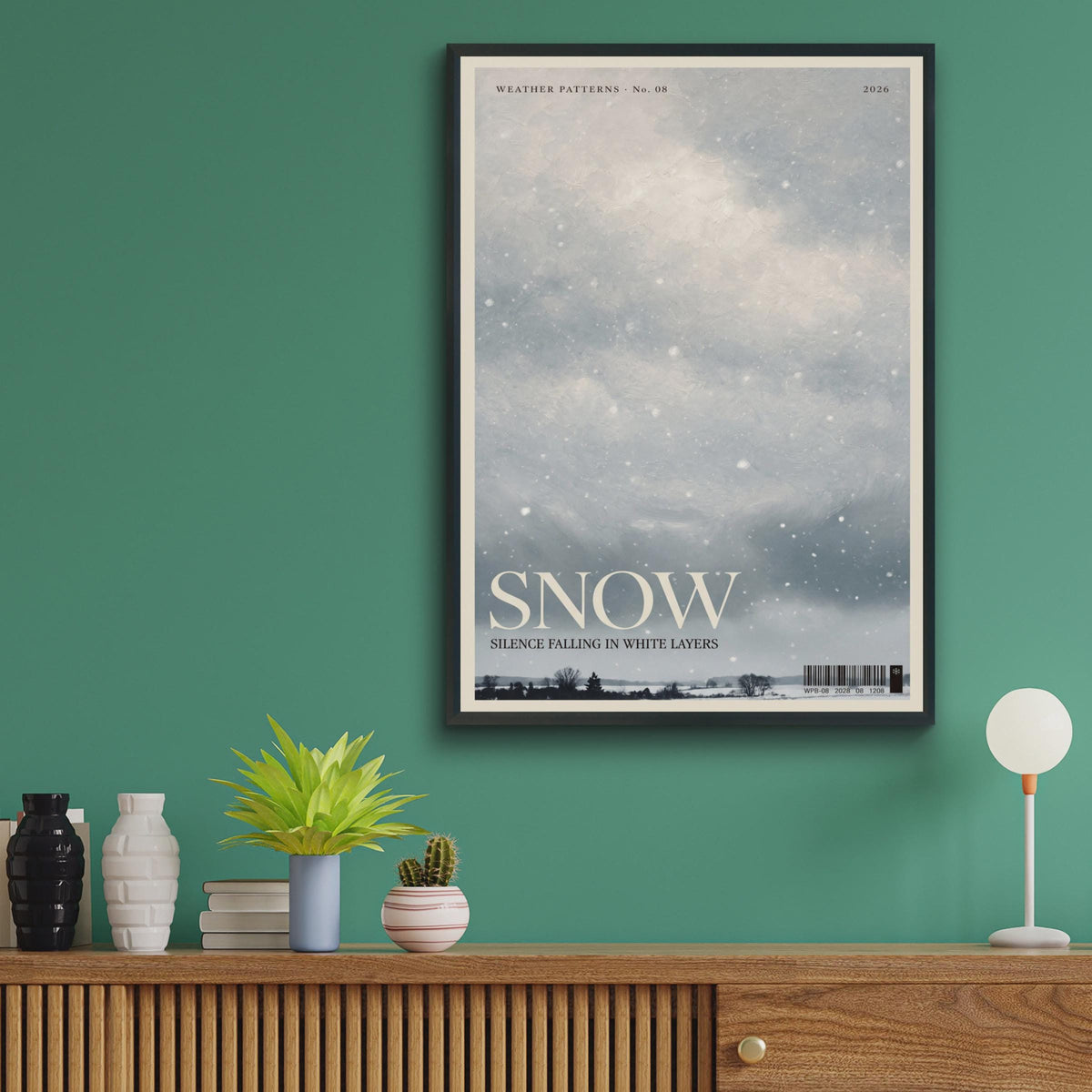 Snow Winter Wall Art Print, Grey Sky Poster, Magazine Style, Moody Weather Decor
