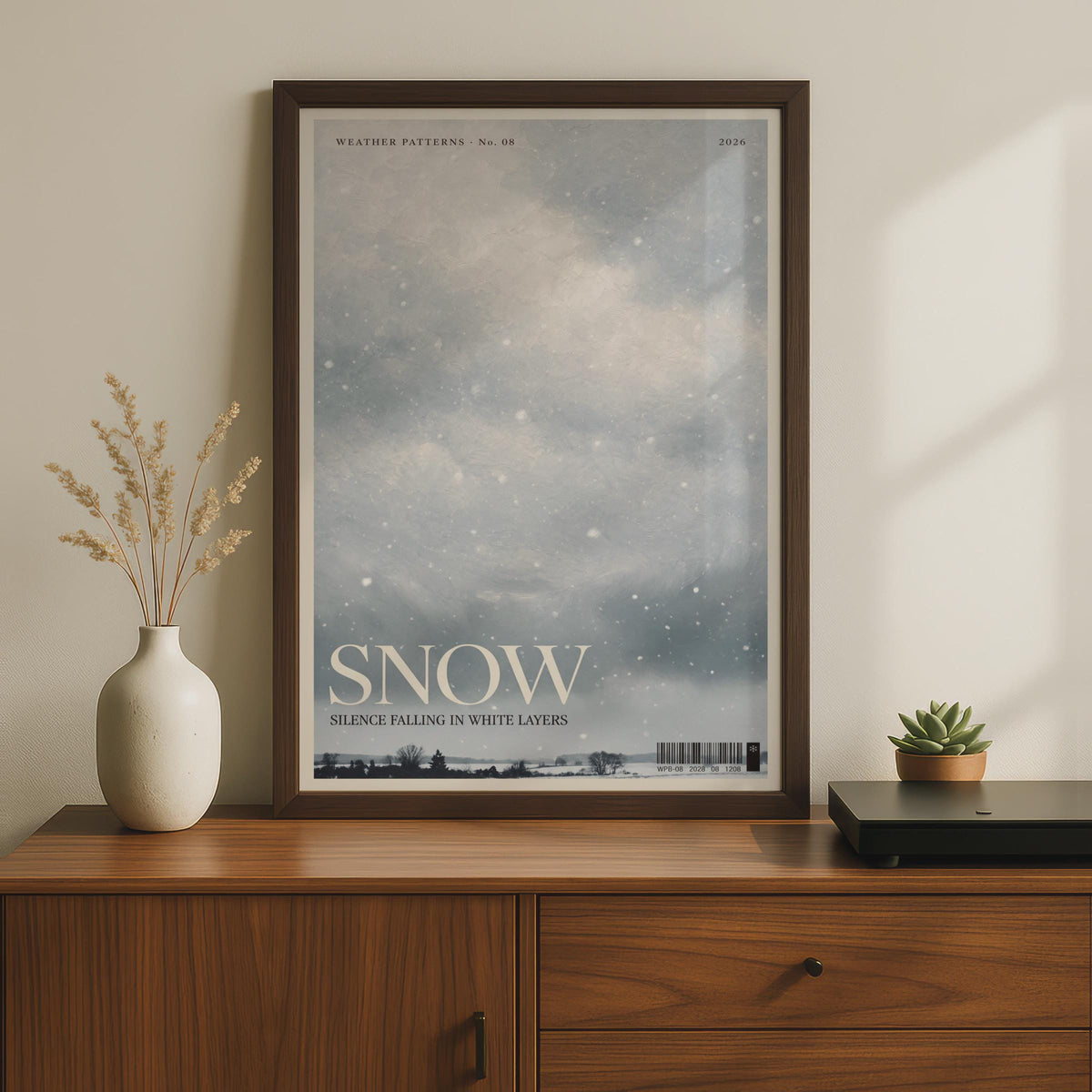 Snow Winter Wall Art Print, Grey Sky Poster, Magazine Style, Moody Weather Decor