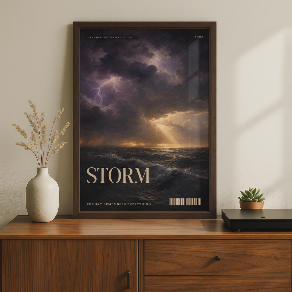 Storm Lightning Ocean Poster, Dramatic Seascape Wall Art, Dark Moody Print for Living Room