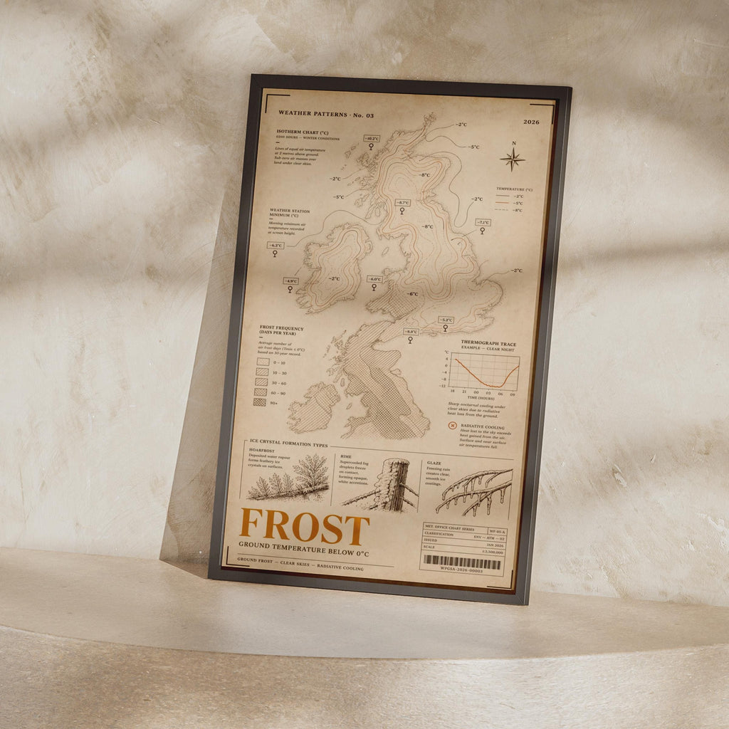 Frost Weather Map Poster, UK Isotherm Chart Print, Vintage Meteorology Wall Art