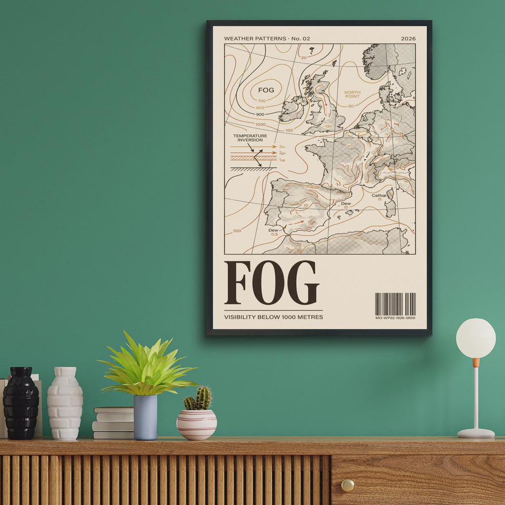 Fog Weather Map Poster, Vintage Meteorology Chart Print, Europe Map Wall Art