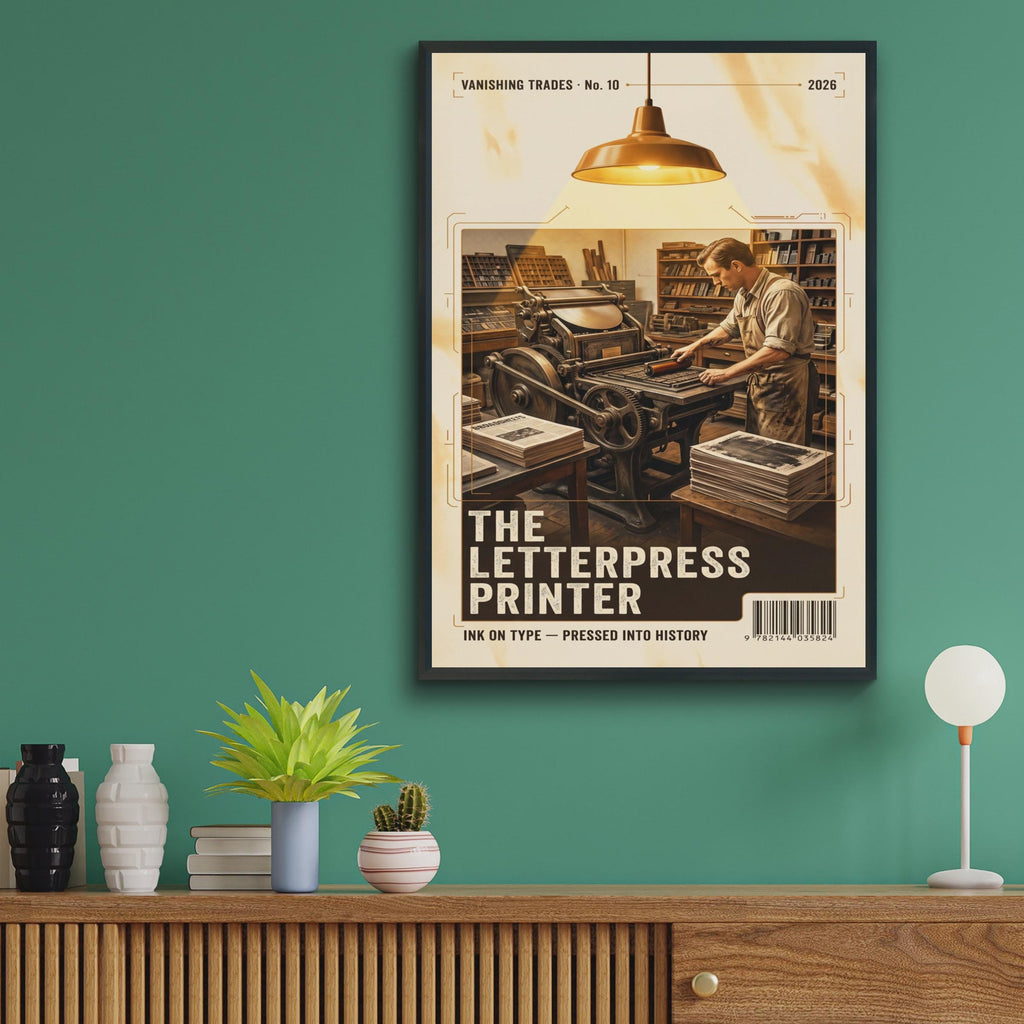 Letterpress Printer Vintage Trades Poster, Retro Print Shop Wall Art, Craftsman Gift