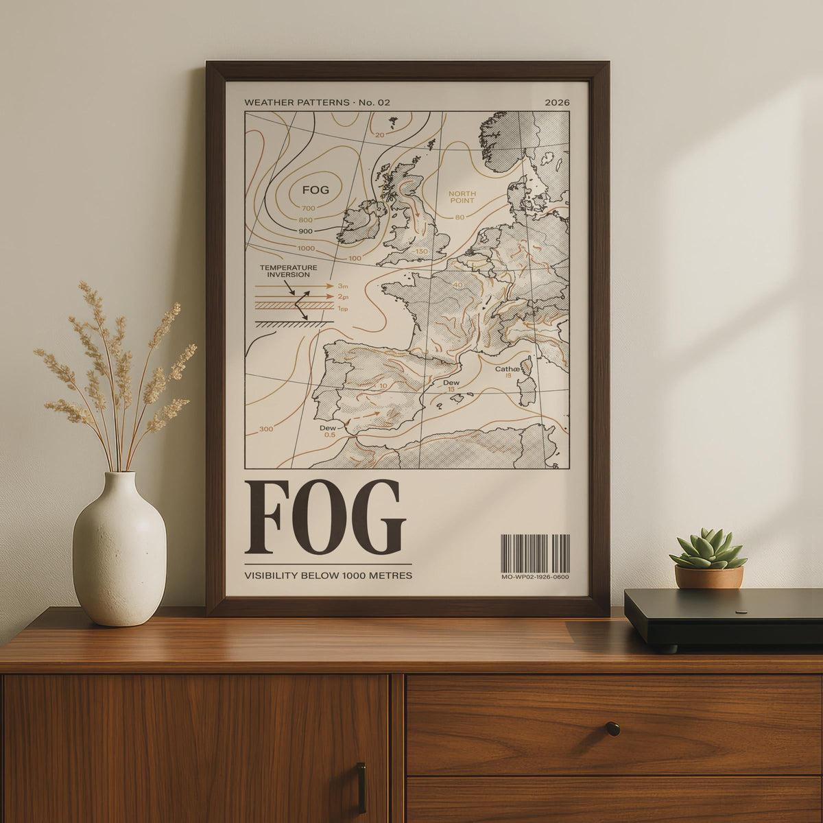Fog Weather Map Poster, Vintage Meteorology Chart Print, Europe Map Wall Art