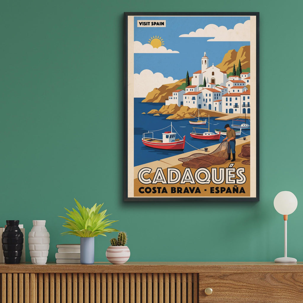 Cadaques Costa Brava Spain Vintage Travel Poster, Spanish Harbour Wall Art Print