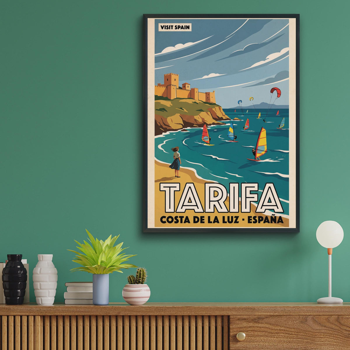Tarifa Spain Travel Poster, Costa de la Luz Vintage Wall Art, Kitesurfing Print