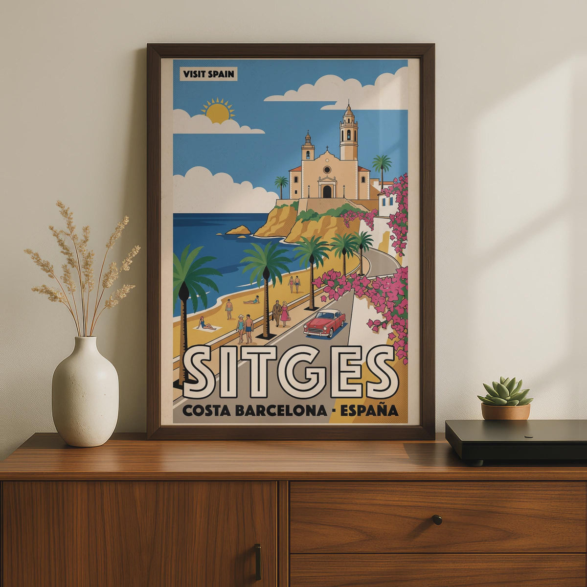 Sitges Spain Vintage Travel Poster, Costa Barcelona Retro Wall Art Print