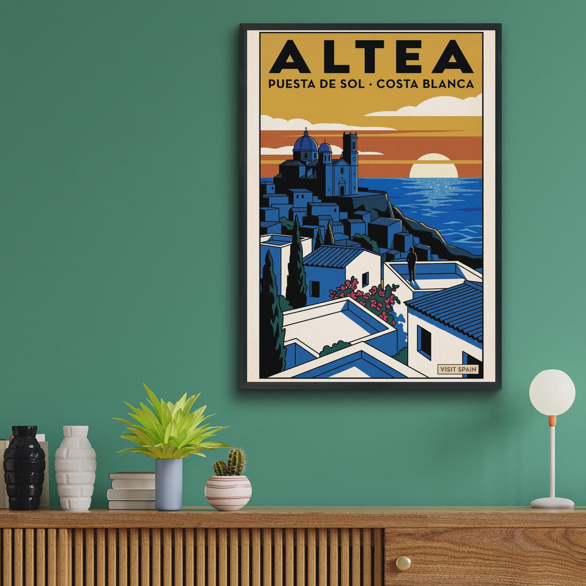 Altea Sunset Poster, Costa Blanca Spain Travel Print, Retro Mediterranean Wall Art