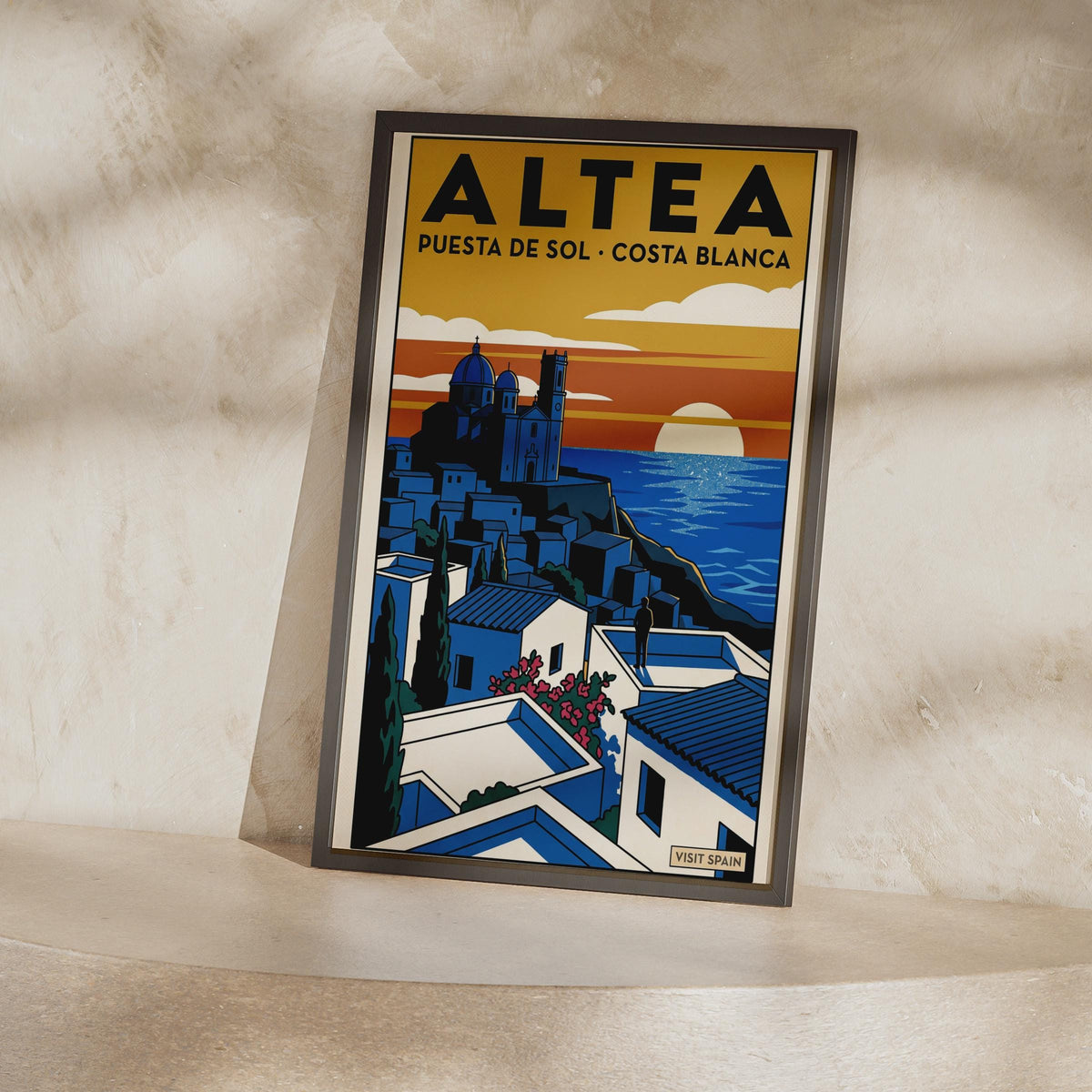 Altea Sunset Poster, Costa Blanca Spain Travel Print, Retro Mediterranean Wall Art