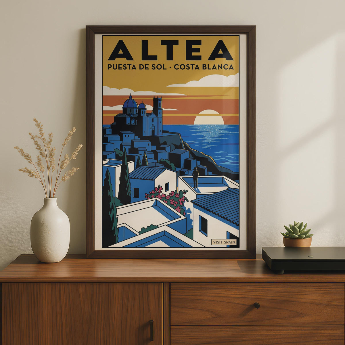 Altea Sunset Poster, Costa Blanca Spain Travel Print, Retro Mediterranean Wall Art