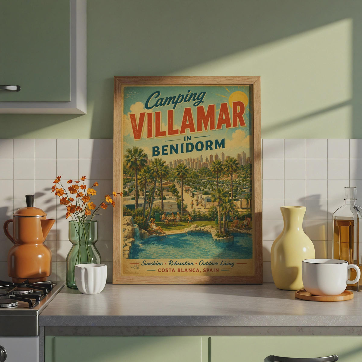 Camping Villamar Benidorm Retro Travel Poster, Costa Blanca Spain Wall Art Print
