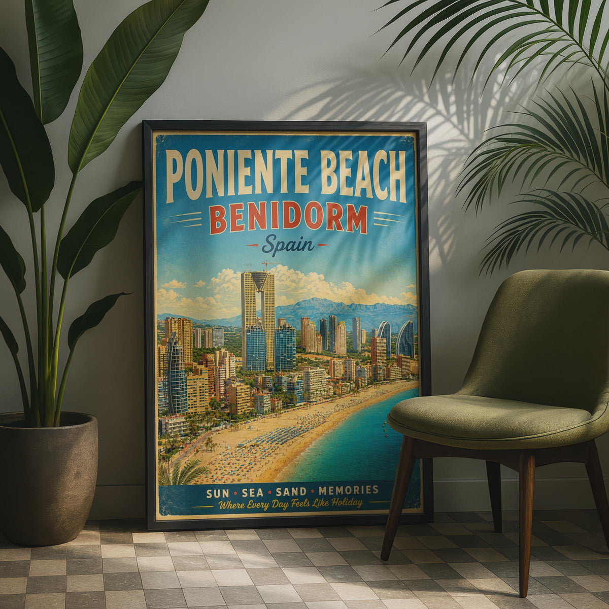 Poniente Beach Benidorm Spain Vintage Travel Poster, Retro Spanish Coast Wall Art