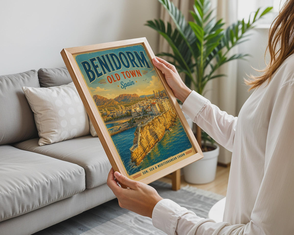 Benidorm Old Town Spain Vintage Travel Poster, Mediterranean Wall Art Print