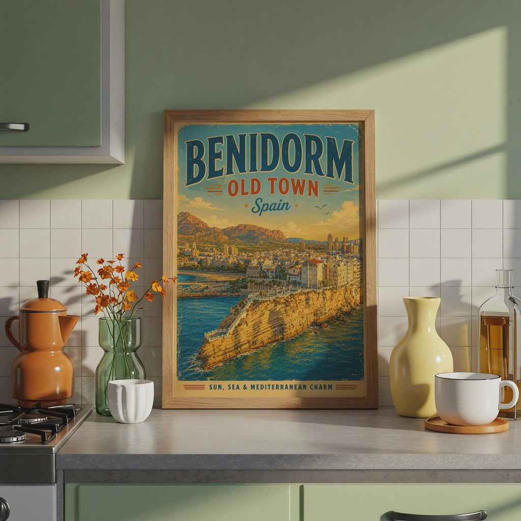 Benidorm Old Town Spain Vintage Travel Poster, Mediterranean Wall Art Print