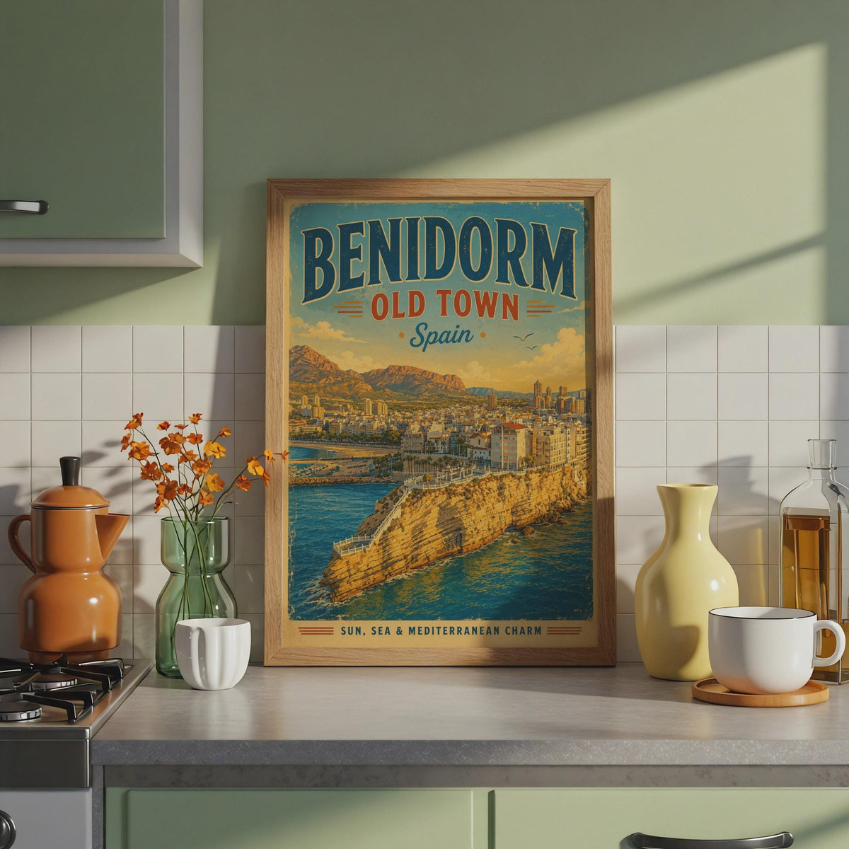 Benidorm Old Town Spain Vintage Travel Poster, Mediterranean Wall Art Print