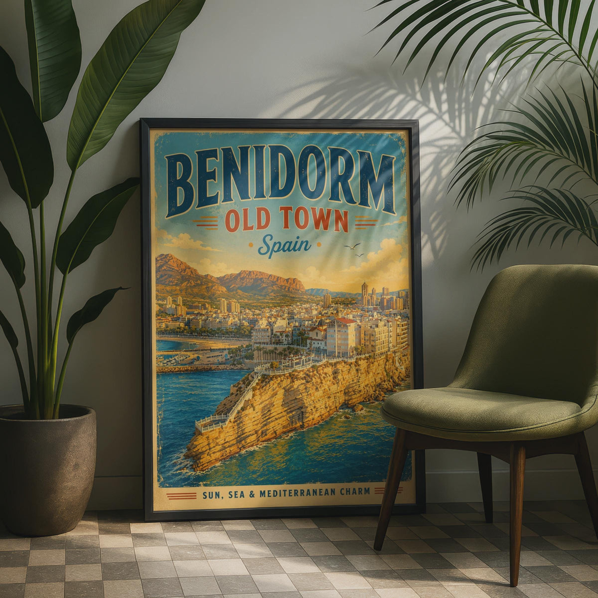 Benidorm Old Town Spain Vintage Travel Poster, Mediterranean Wall Art Print