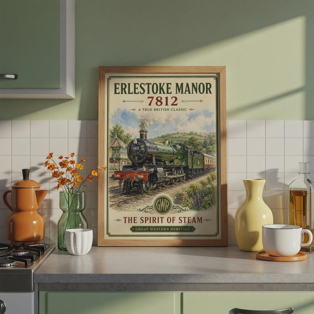 Erlestoke Manor 7812 GWR Steam Train Poster, Vintage Railway Wall Art Print