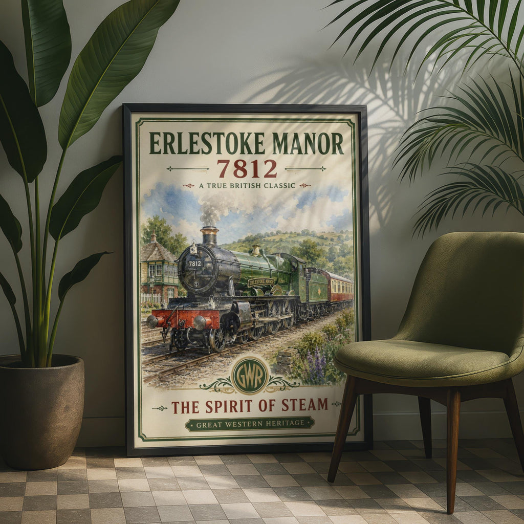 Erlestoke Manor 7812 GWR Steam Train Poster, Vintage Railway Wall Art Print
