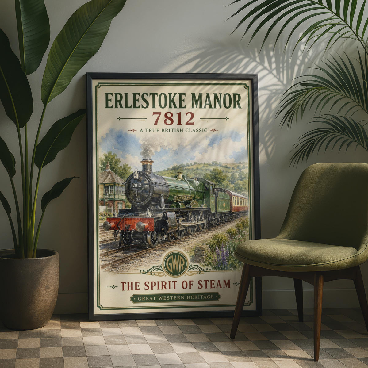 Erlestoke Manor 7812 GWR Steam Train Poster, Vintage Railway Wall Art Print