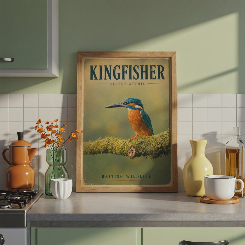 Kingfisher Poster, British Wildlife Wall Art, Vintage Bird Print, Nature Lover Gift