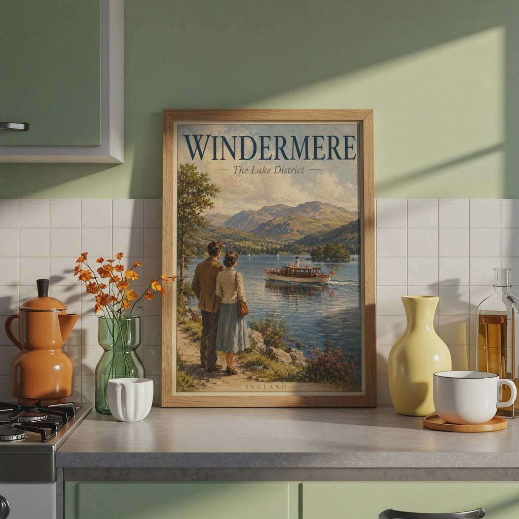 Windermere Lake District Vintage Travel Poster, England Retro Wall Art Print