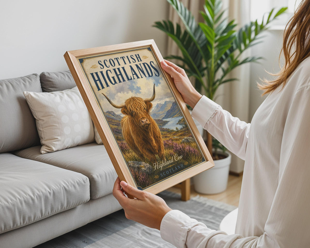 Scottish Highlands Highland Cow Poster, Vintage Scotland Travel Wall Art Print