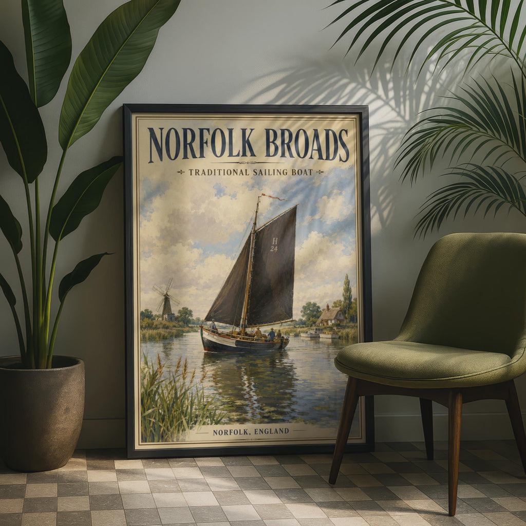 Norfolk Broads Poster, Traditional Sailing Boat Print, Vintage England Wall Art