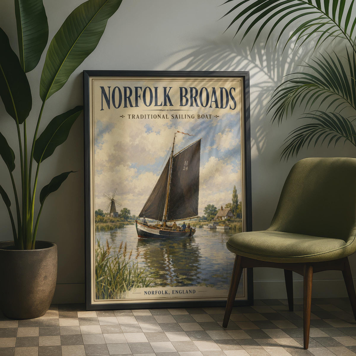 Norfolk Broads Poster, Traditional Sailing Boat Print, Vintage England Wall Art