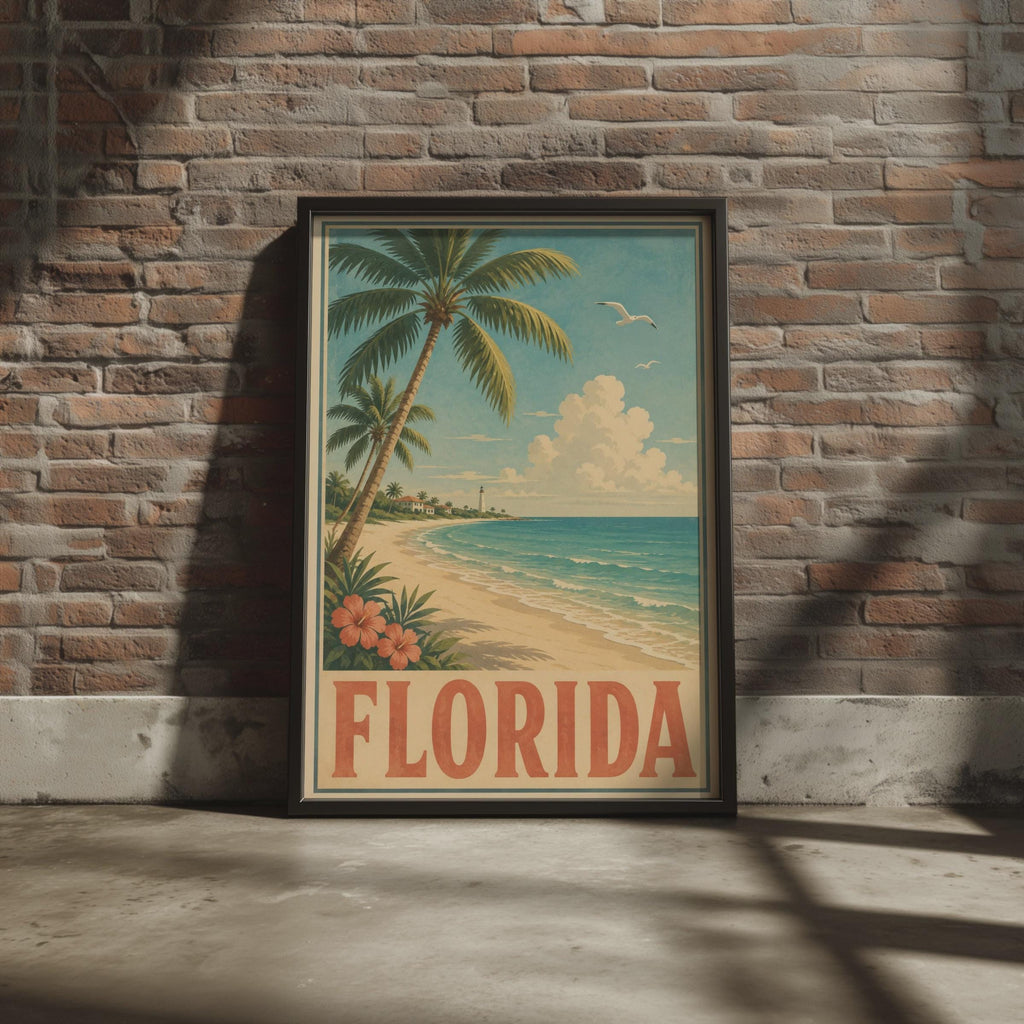 Florida Vintage Beach Poster, Retro Travel Print, Palm Tree Coastal Wall Art Gift