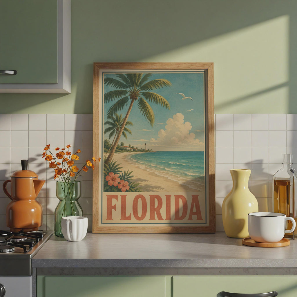 Florida Vintage Beach Poster, Retro Travel Print, Palm Tree Coastal Wall Art Gift