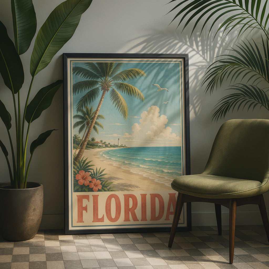 Florida Vintage Beach Poster, Retro Travel Print, Palm Tree Coastal Wall Art Gift