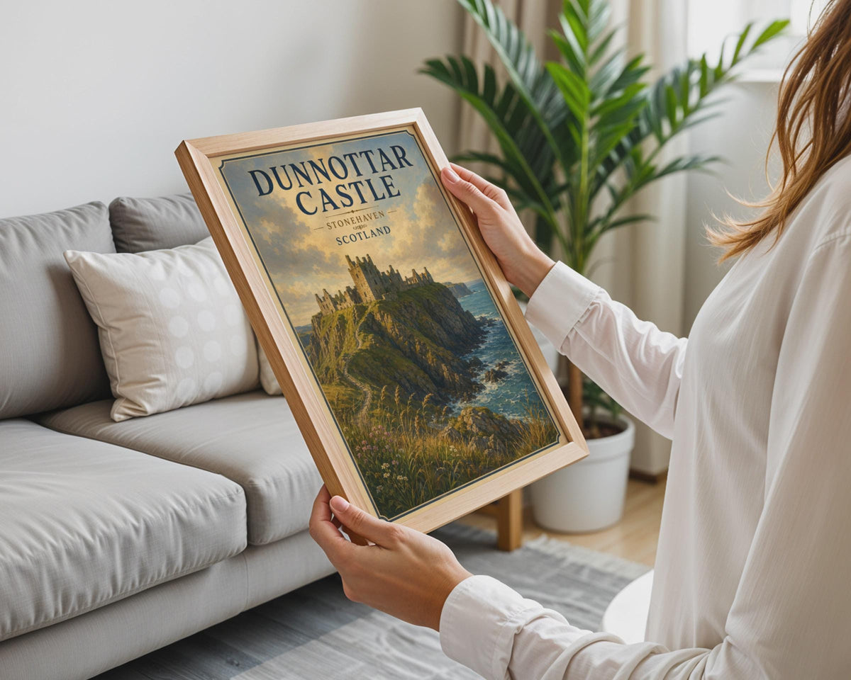 Dunnottar Castle Print, Stonehaven Scotland Poster, Scottish Coastal Wall Art, Vintage Travel Style