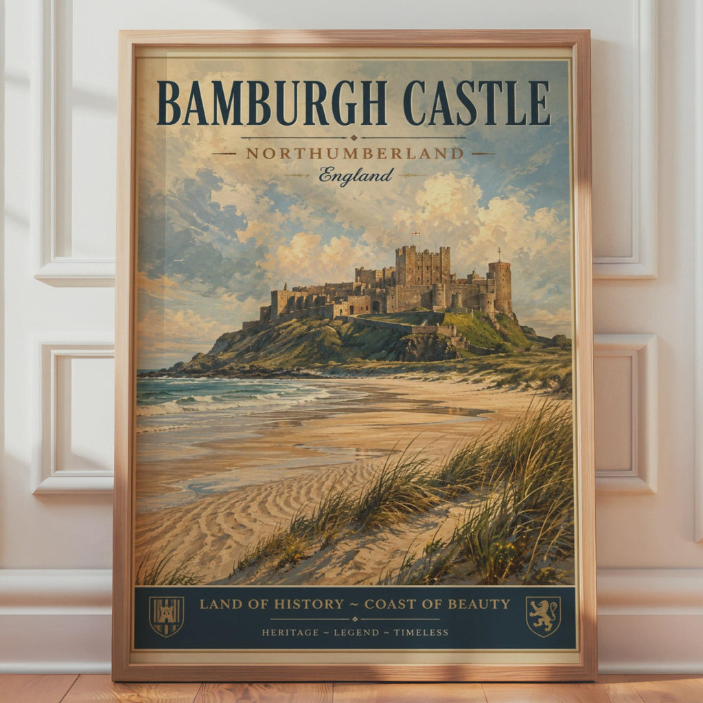 Bamburgh Castle Poster, Northumberland England, Vintage Travel Wall Art Print