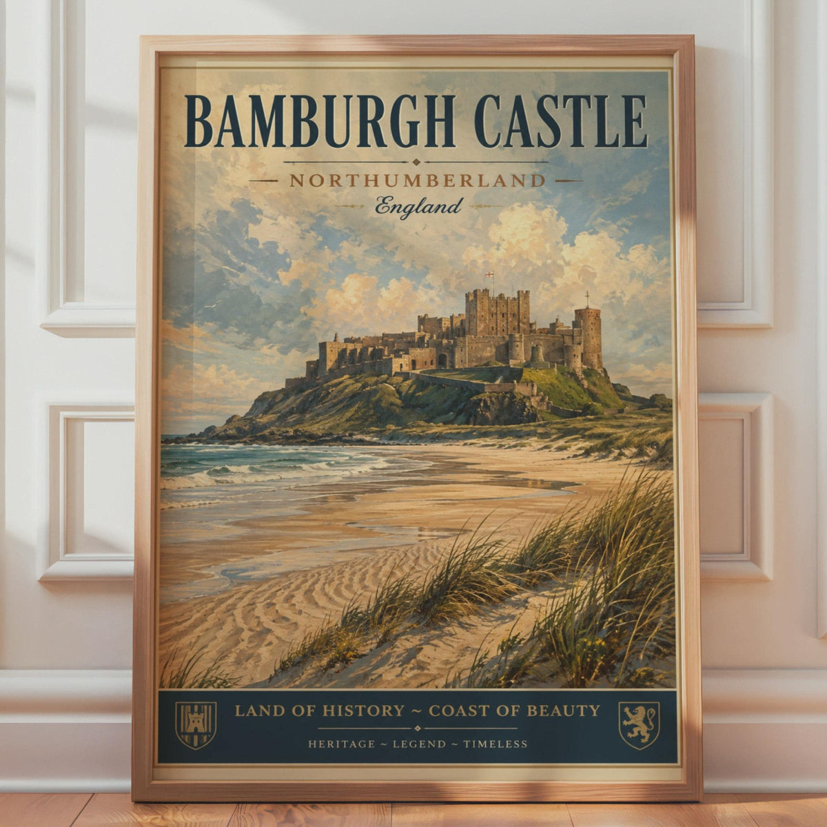 Bamburgh Castle Poster, Northumberland England, Vintage Travel Wall Art Print