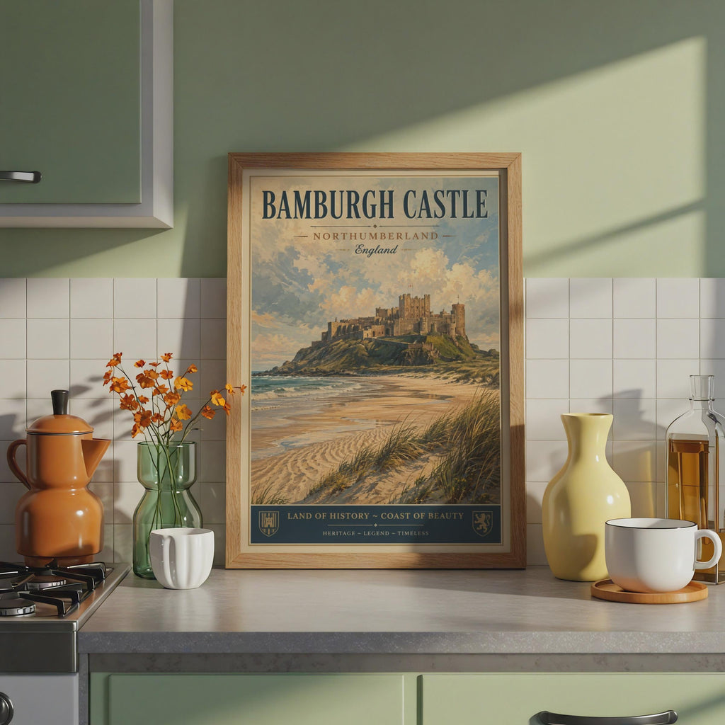 Bamburgh Castle Poster, Northumberland England, Vintage Travel Wall Art Print