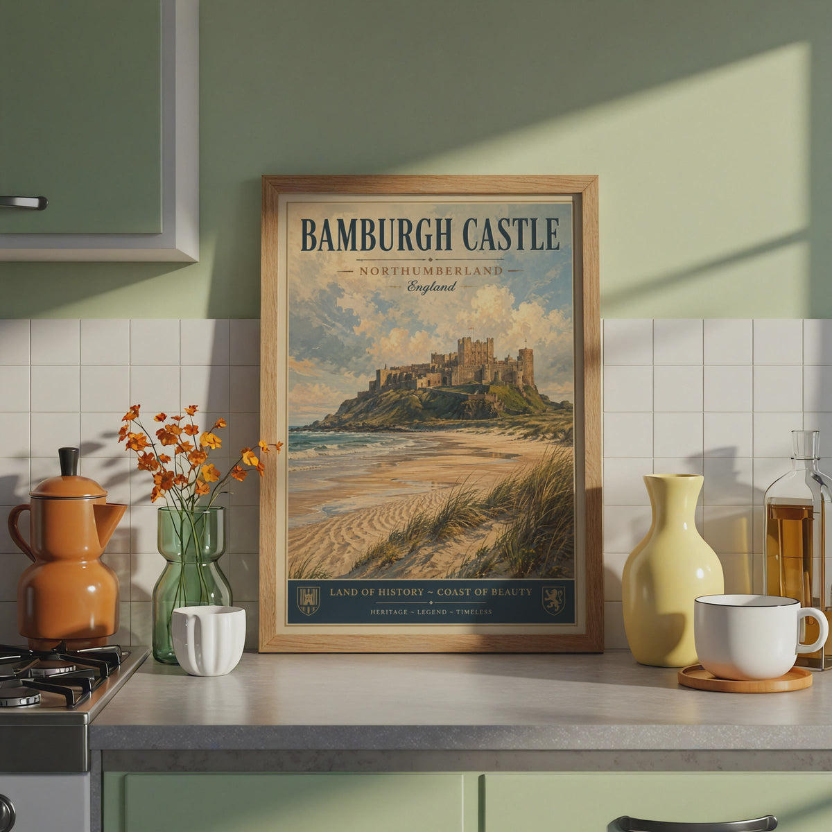 Bamburgh Castle Poster, Northumberland England, Vintage Travel Wall Art Print