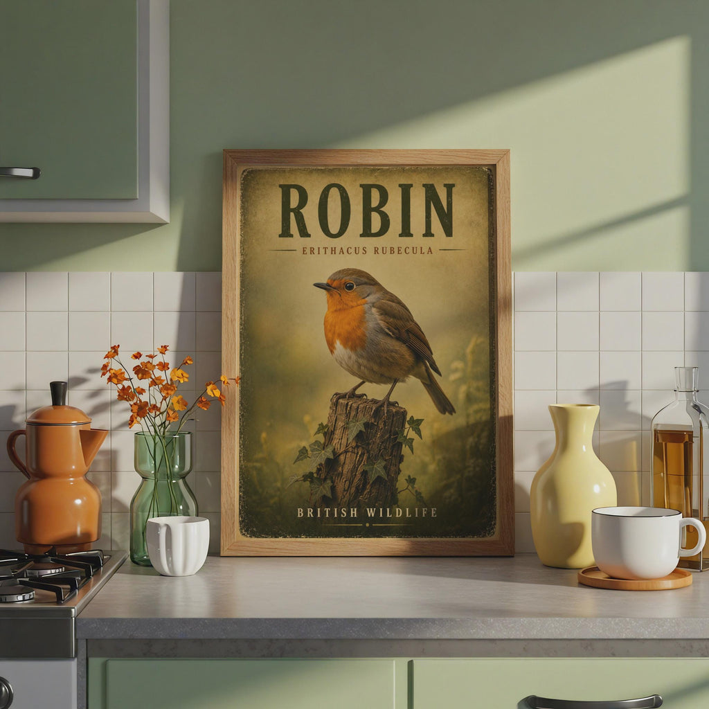 Robin Redbreast Vintage Wildlife Poster, British Bird Wall Art, Nature Print